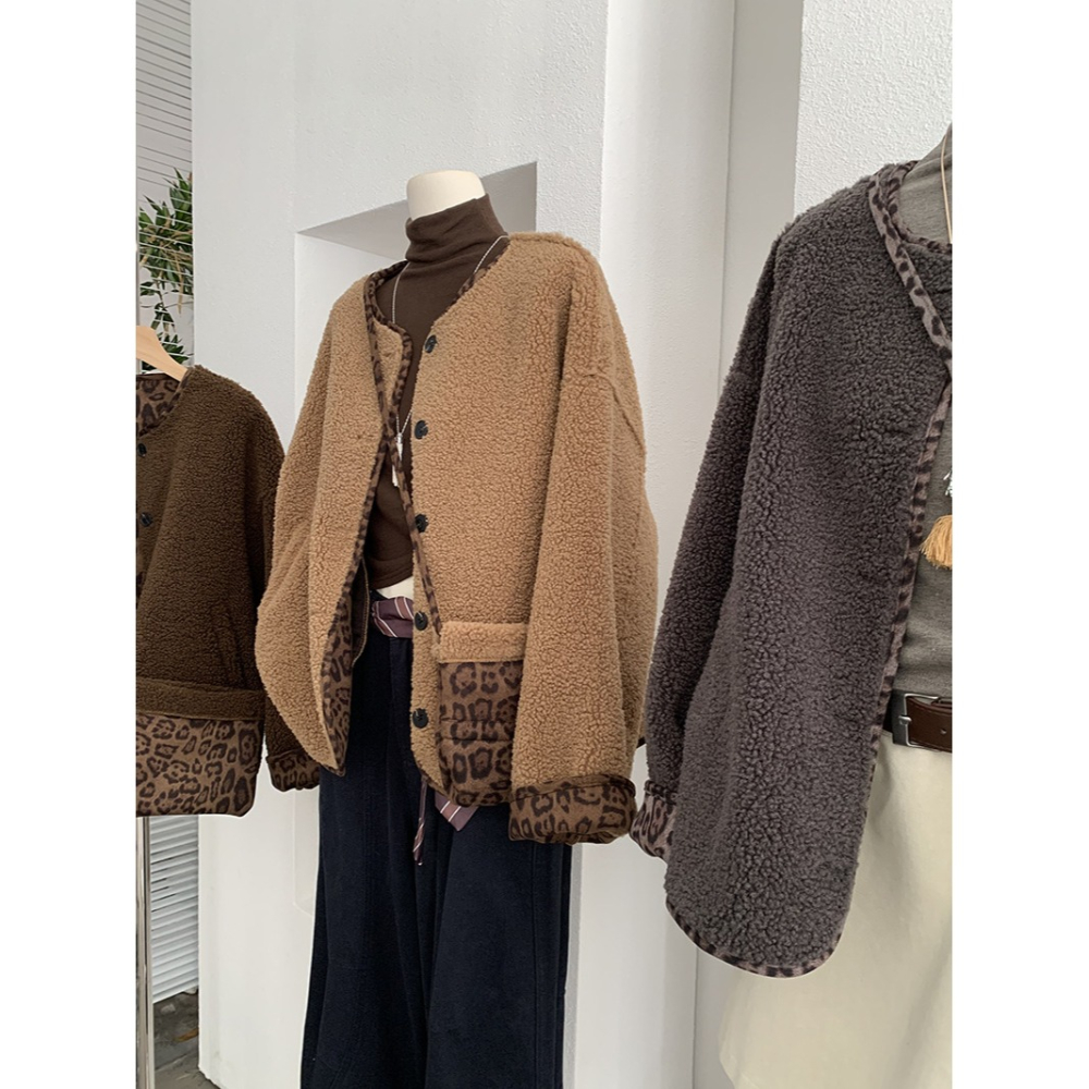 5160::撞色豹紋皮毛一體羊羔毛加厚長袖外套 長袖外套 毛外套-細節圖7