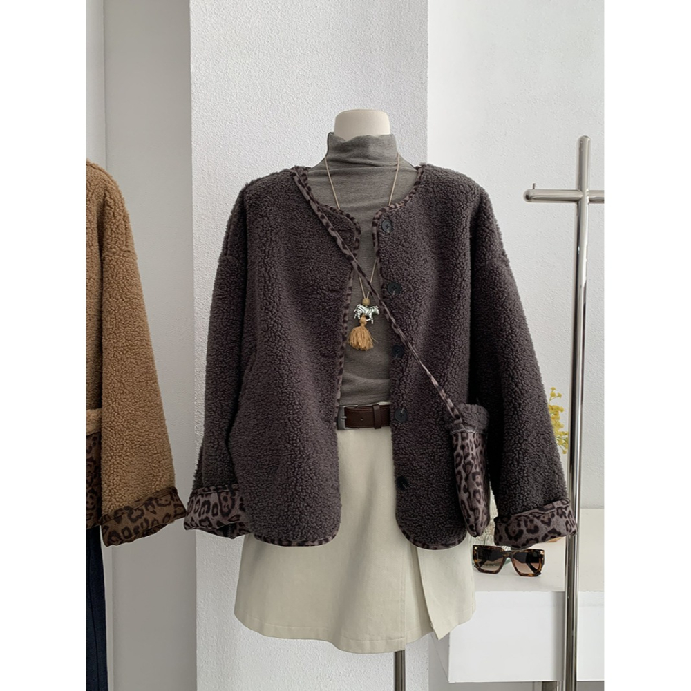 5160::撞色豹紋皮毛一體羊羔毛加厚長袖外套 長袖外套 毛外套-細節圖9