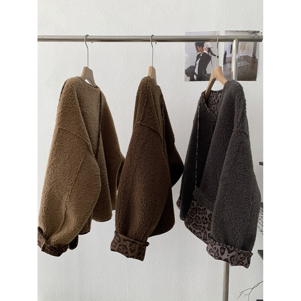 5160::撞色豹紋皮毛一體羊羔毛加厚長袖外套 長袖外套 毛外套-細節圖10