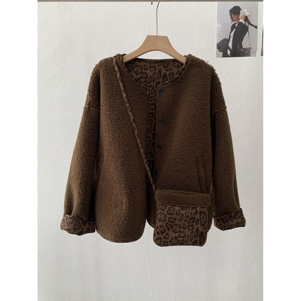 5160::撞色豹紋皮毛一體羊羔毛加厚長袖外套 長袖外套 毛外套-細節圖11