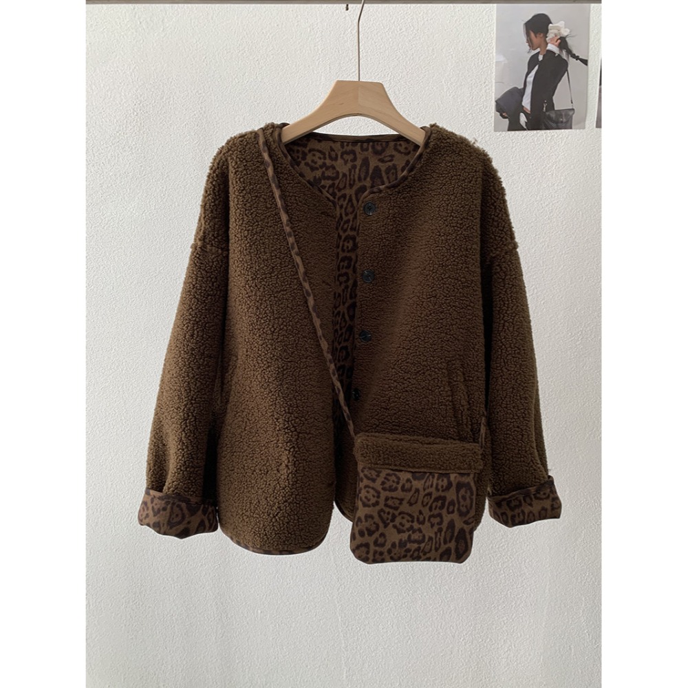 5160::撞色豹紋皮毛一體羊羔毛加厚長袖外套 長袖外套 毛外套-規格圖11