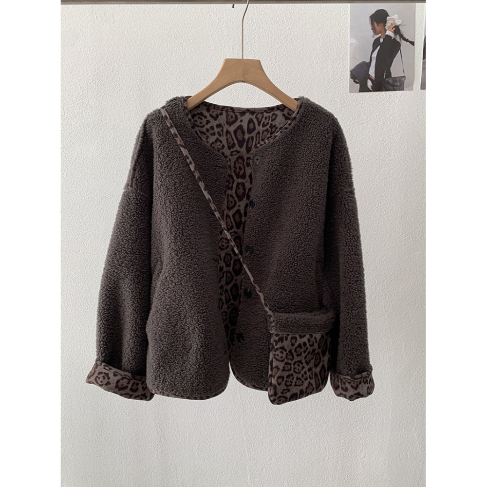 5160::撞色豹紋皮毛一體羊羔毛加厚長袖外套 長袖外套 毛外套-規格圖11