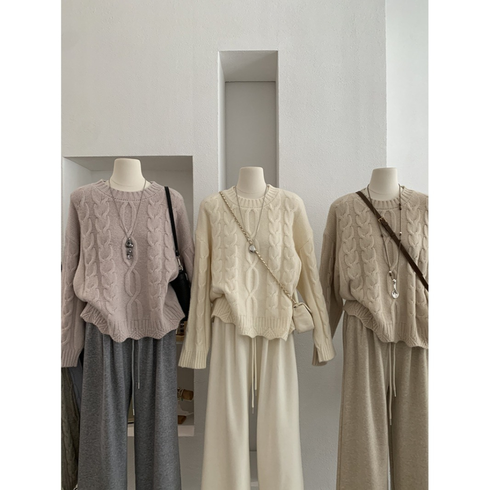 5167:: 麻花園領羊駝絨柔軟針織毛衣 麻花毛衣 針織衫-細節圖2