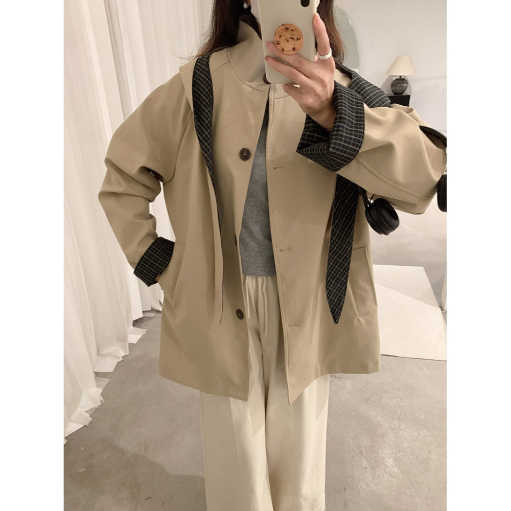 4717＂＂ 抗皺可拆卸兔耳格紋風衣外套-細節圖2