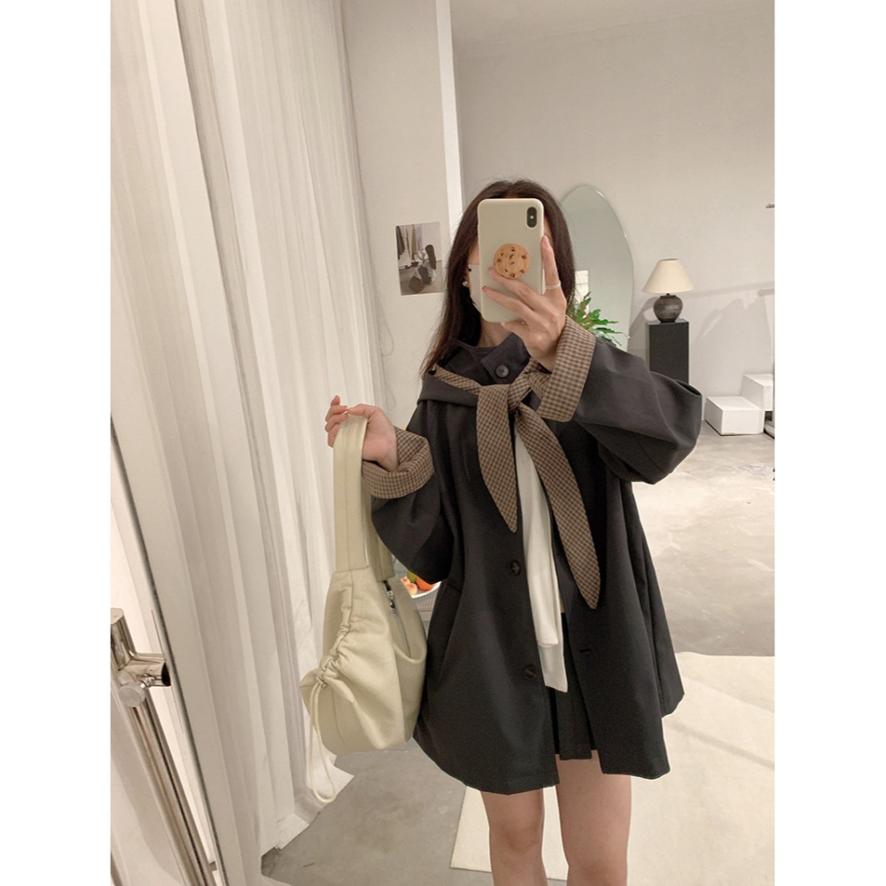 4717＂＂ 抗皺可拆卸兔耳格紋風衣外套-細節圖3