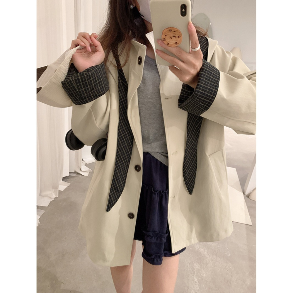4717＂＂ 抗皺可拆卸兔耳格紋風衣外套-細節圖4
