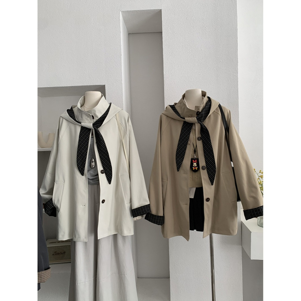 4717＂＂ 抗皺可拆卸兔耳格紋風衣外套-細節圖5