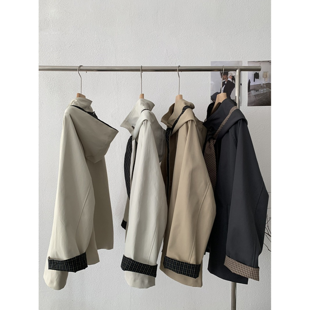 4717＂＂ 抗皺可拆卸兔耳格紋風衣外套-細節圖6