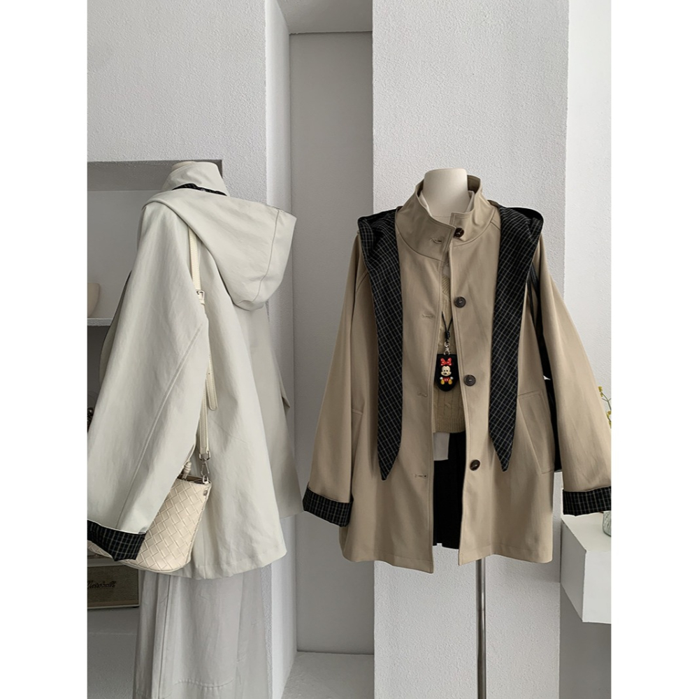 4717＂＂ 抗皺可拆卸兔耳格紋風衣外套-細節圖7