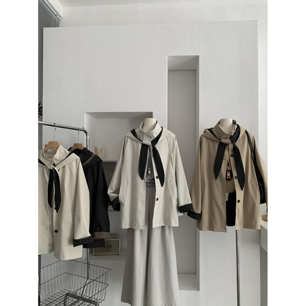 4717＂＂ 抗皺可拆卸兔耳格紋風衣外套-細節圖8