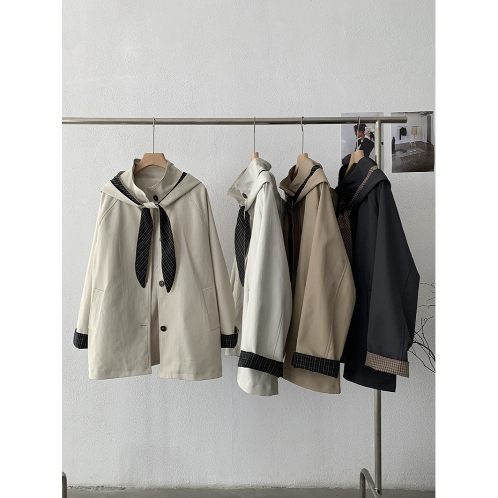 4717＂＂ 抗皺可拆卸兔耳格紋風衣外套-細節圖9