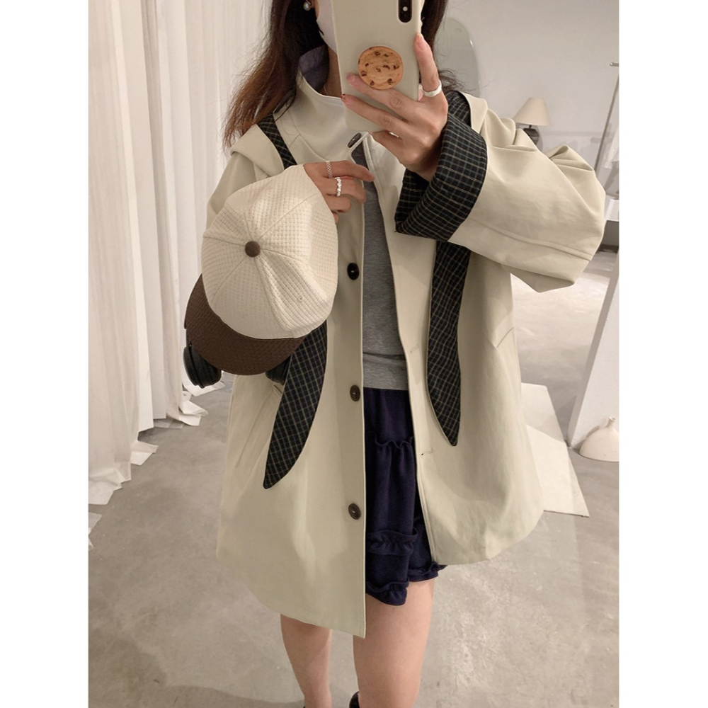 4717＂＂ 抗皺可拆卸兔耳格紋風衣外套-細節圖10