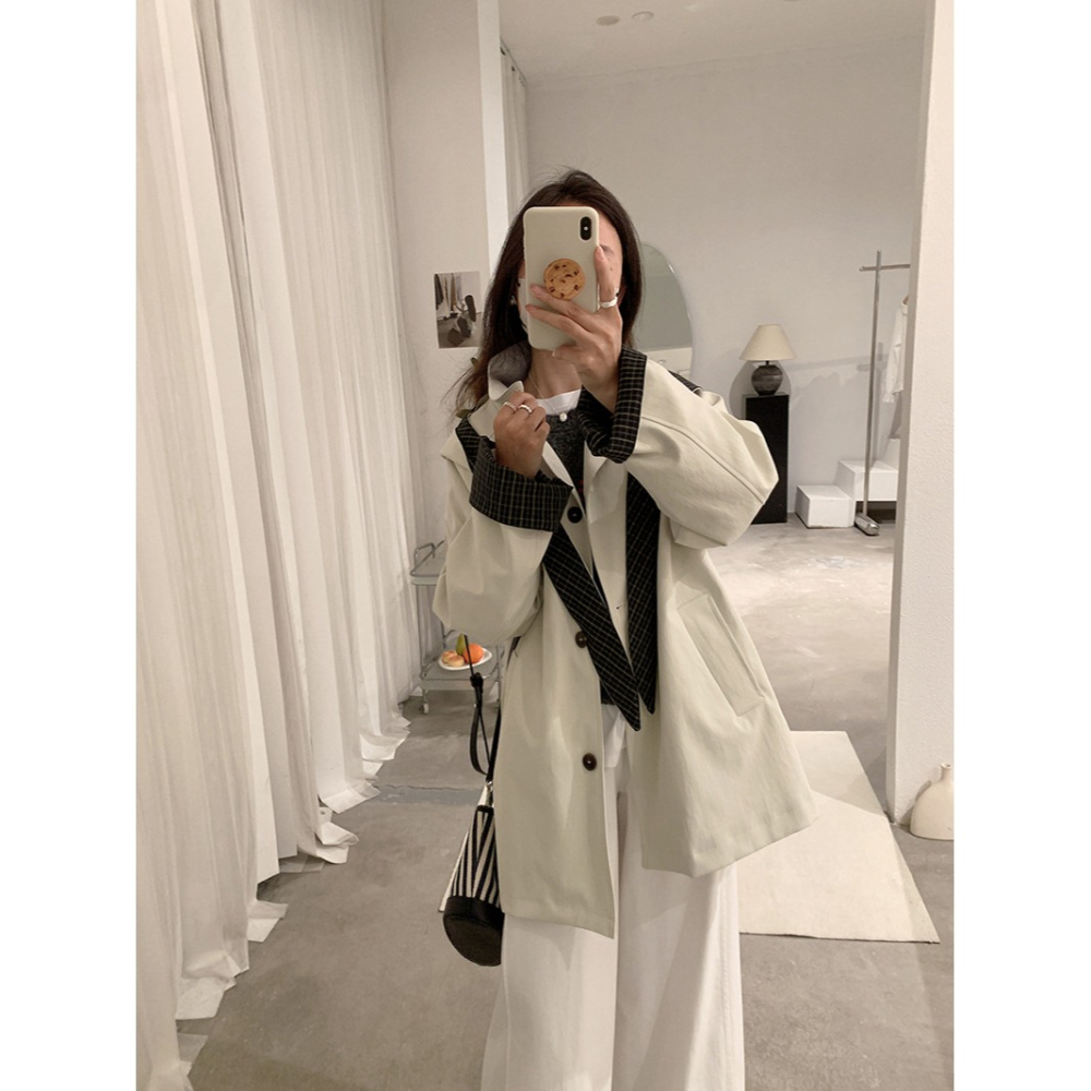 4717＂＂ 抗皺可拆卸兔耳格紋風衣外套-細節圖11