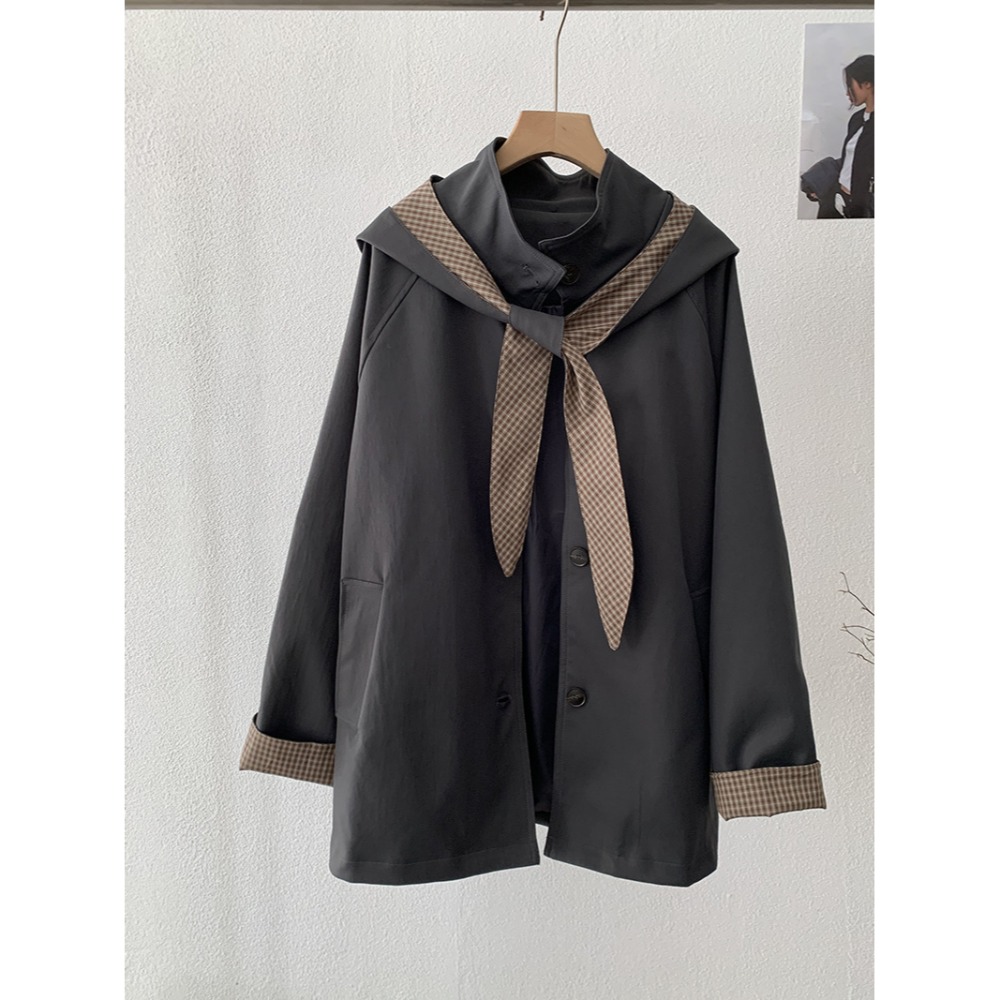 4717＂＂ 抗皺可拆卸兔耳格紋風衣外套-規格圖11