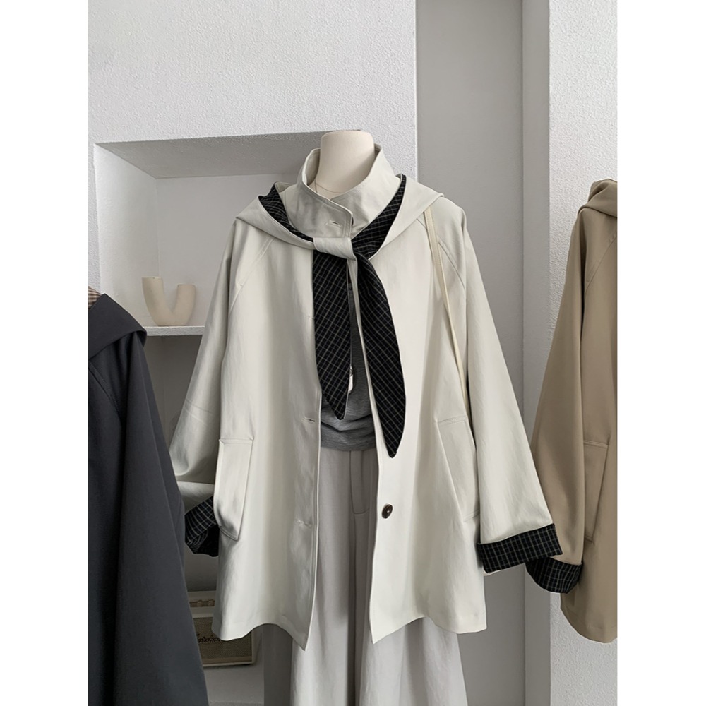 4717＂＂ 抗皺可拆卸兔耳格紋風衣外套-規格圖11