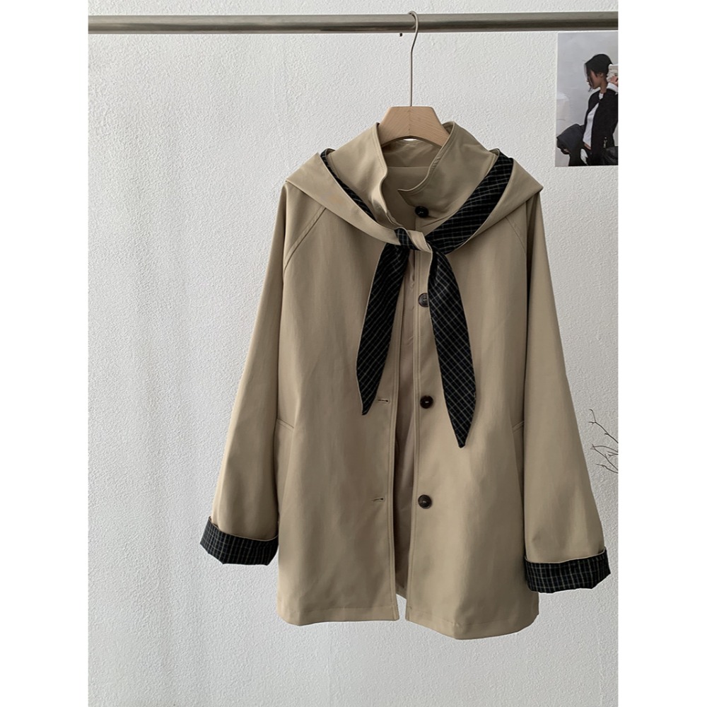 4717＂＂ 抗皺可拆卸兔耳格紋風衣外套-規格圖11