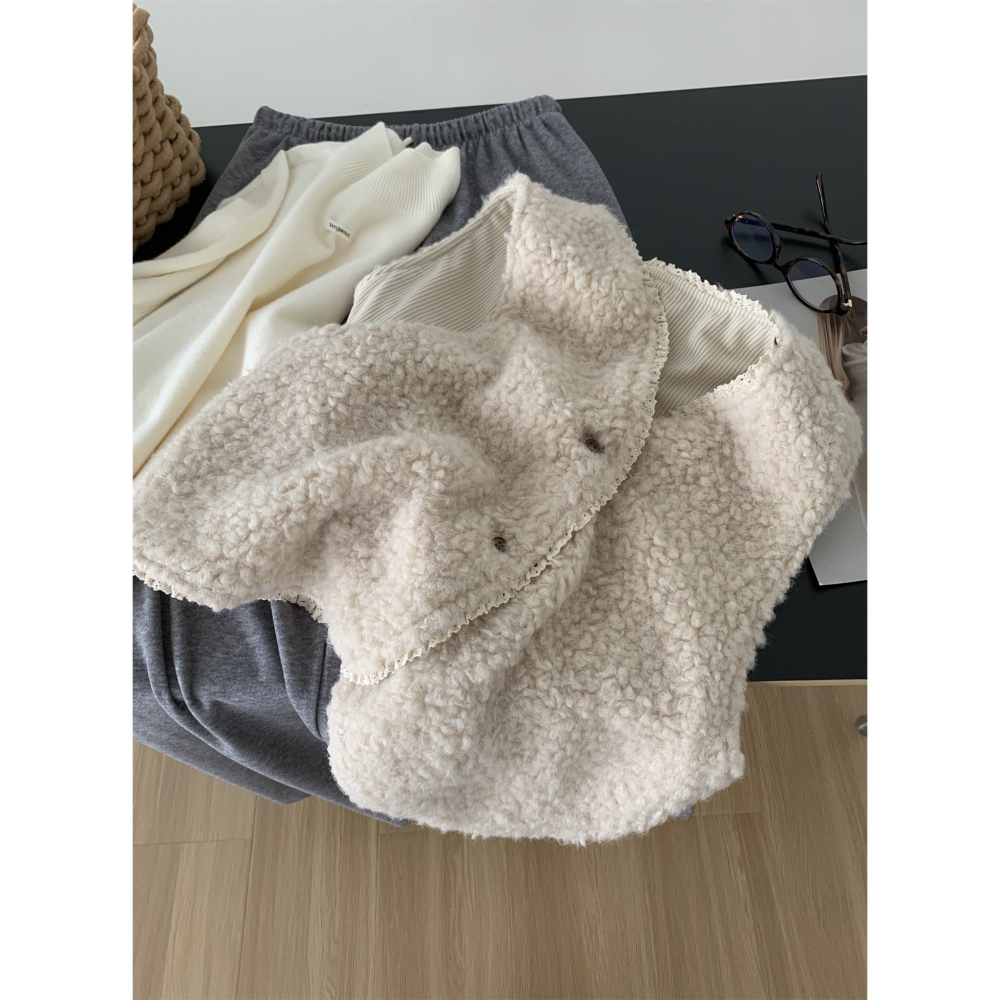 2435::兩面穿溫柔復古花邊v領羊羔毛燈芯絨背心-細節圖3