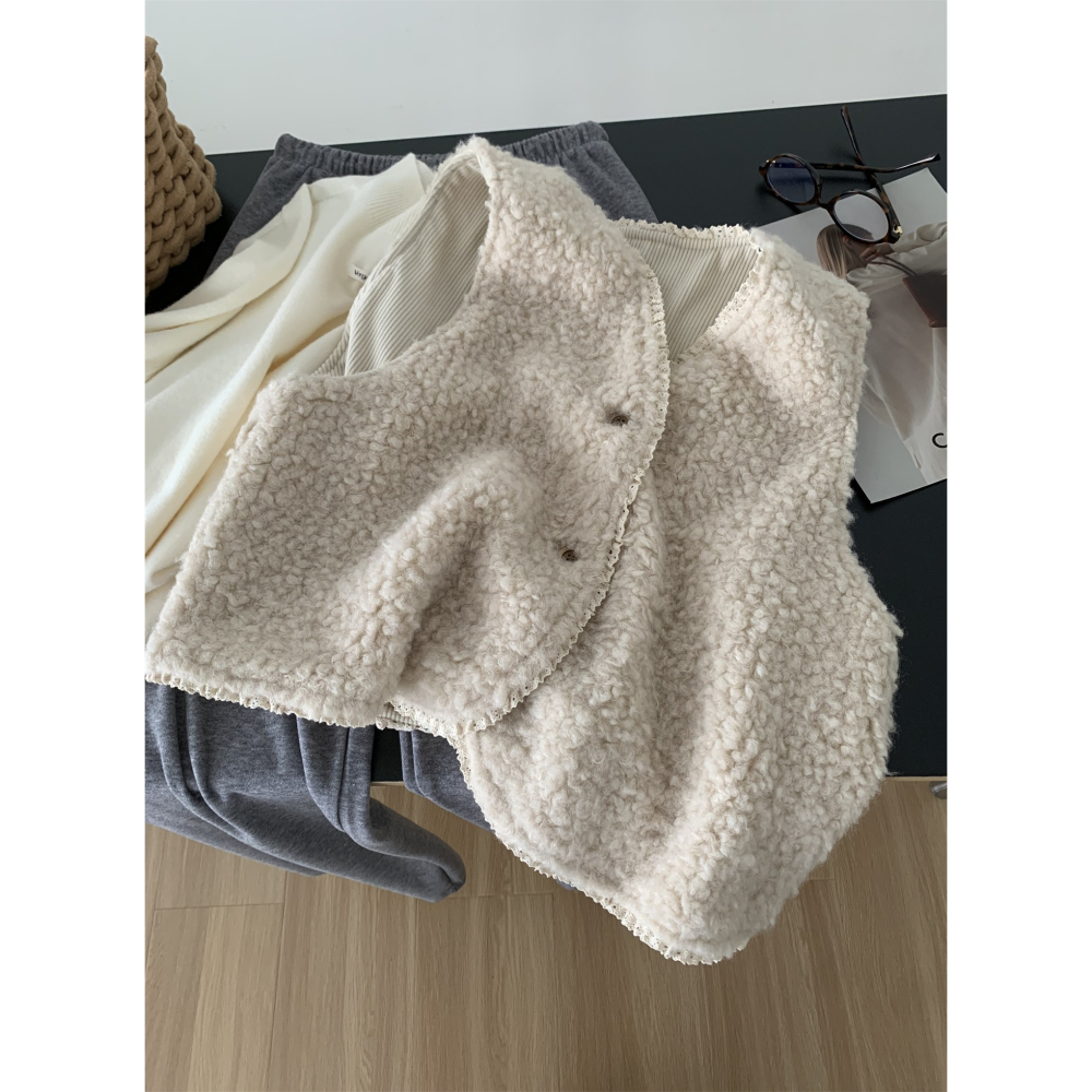 2435::兩面穿溫柔復古花邊v領羊羔毛燈芯絨背心-細節圖6