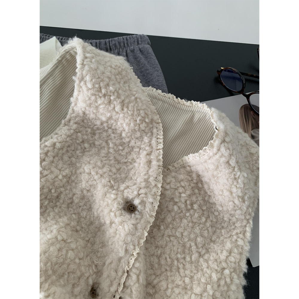 2435::兩面穿溫柔復古花邊v領羊羔毛燈芯絨背心-細節圖7