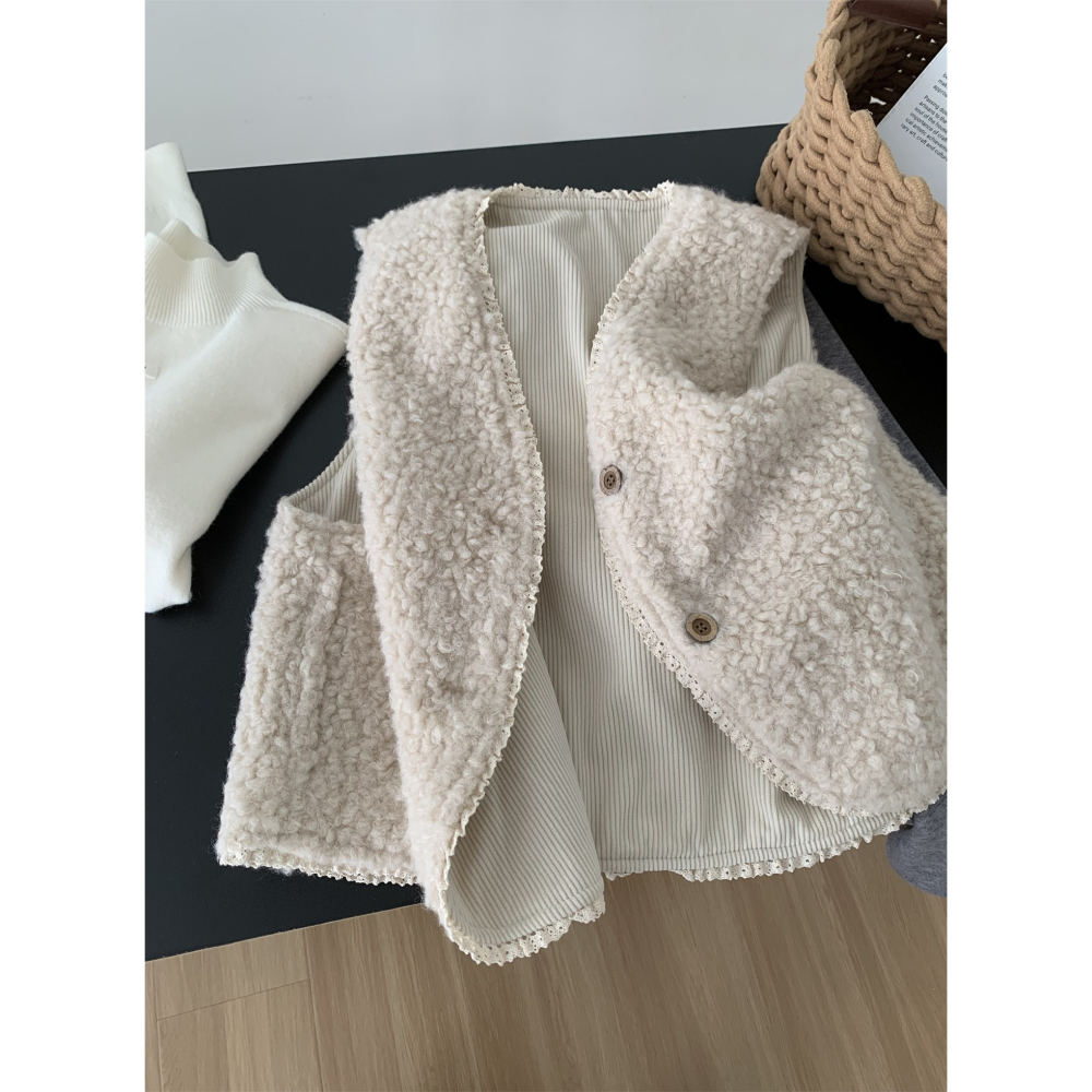2435::兩面穿溫柔復古花邊v領羊羔毛燈芯絨背心-細節圖8