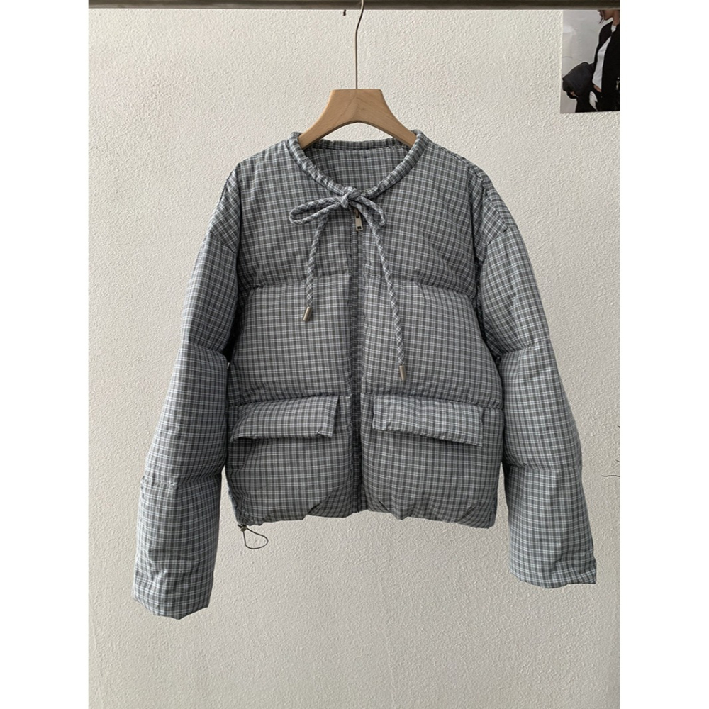 白鴨絨~保暖好看! 5225＂ 格紋圓領綁帶保暖加厚羽絨服外套 加厚外套 保暖外套-細節圖2