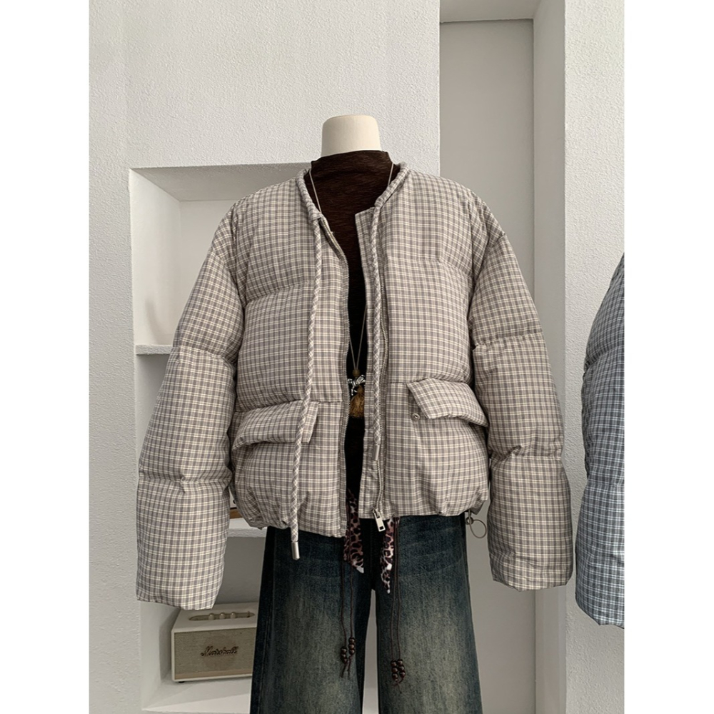 白鴨絨~保暖好看! 5225＂ 格紋圓領綁帶保暖加厚羽絨服外套 加厚外套 保暖外套-細節圖3