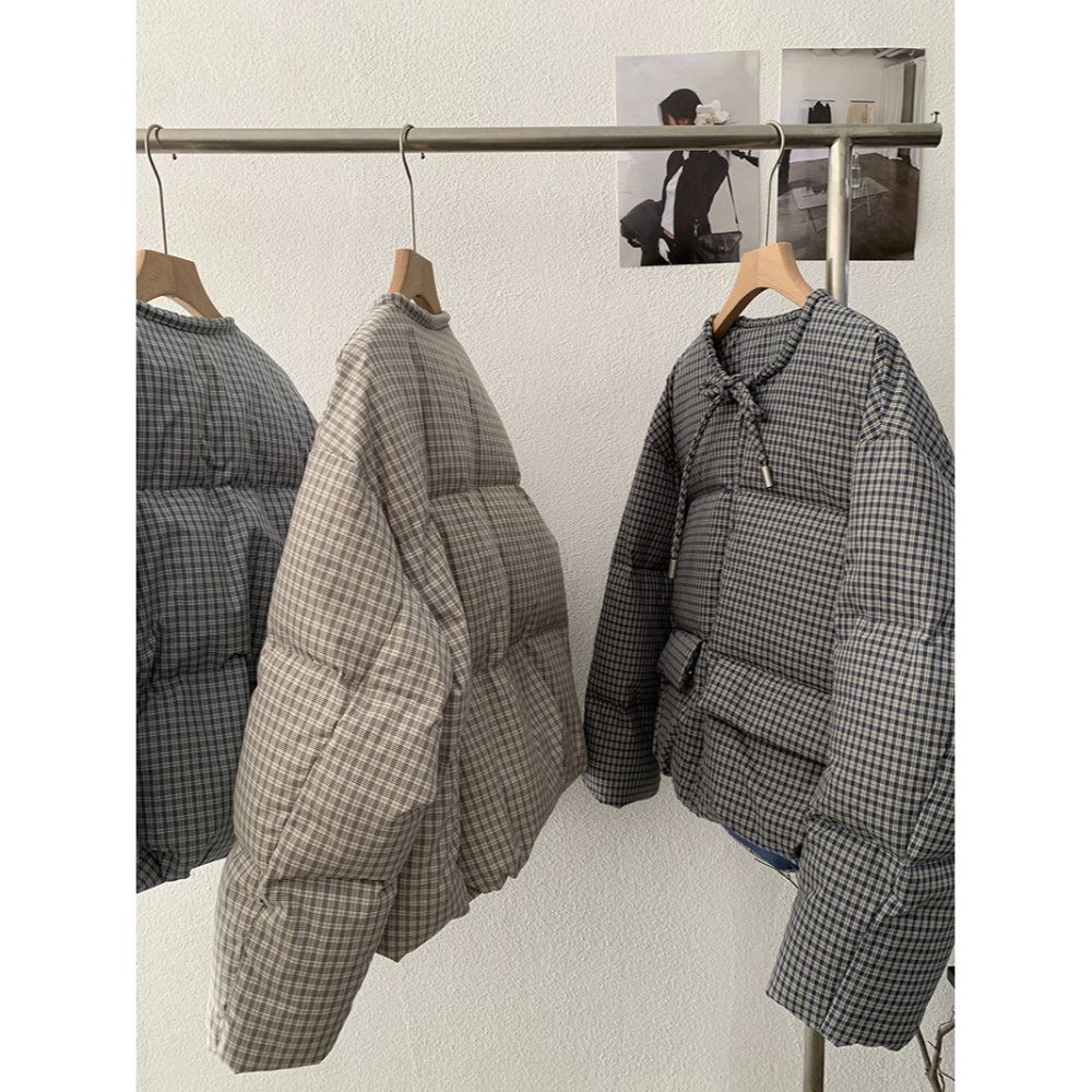 白鴨絨~保暖好看! 5225＂ 格紋圓領綁帶保暖加厚羽絨服外套 加厚外套 保暖外套-細節圖4