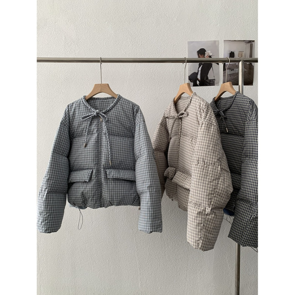 白鴨絨~保暖好看! 5225＂ 格紋圓領綁帶保暖加厚羽絨服外套 加厚外套 保暖外套-細節圖5