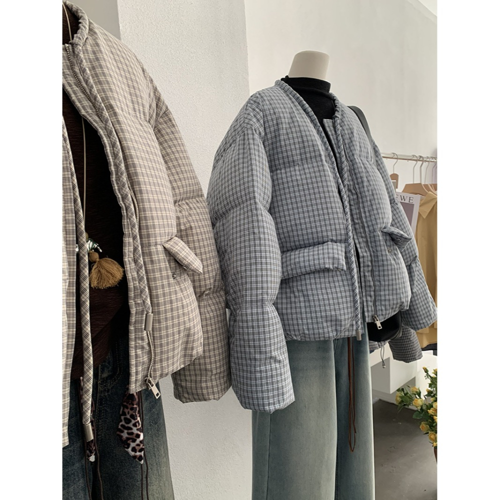 白鴨絨~保暖好看! 5225＂ 格紋圓領綁帶保暖加厚羽絨服外套 加厚外套 保暖外套-細節圖6