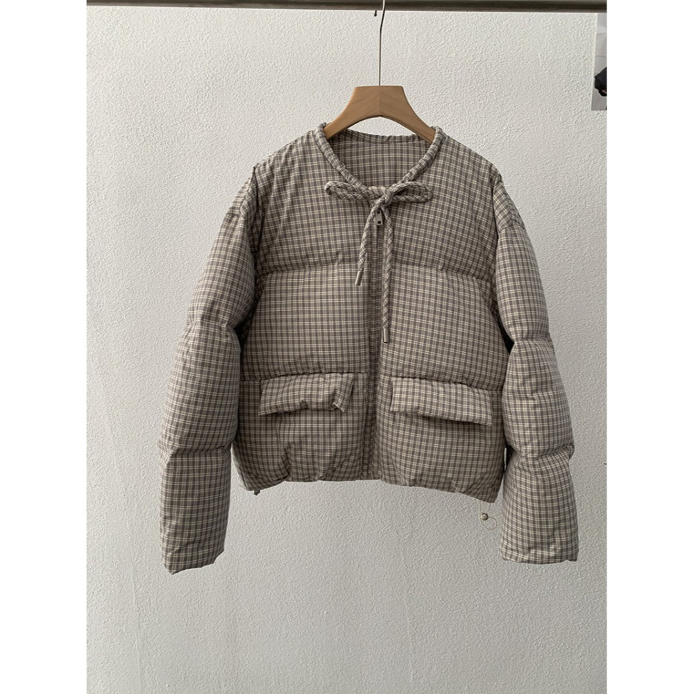 白鴨絨~保暖好看! 5225＂ 格紋圓領綁帶保暖加厚羽絨服外套 加厚外套 保暖外套-細節圖7
