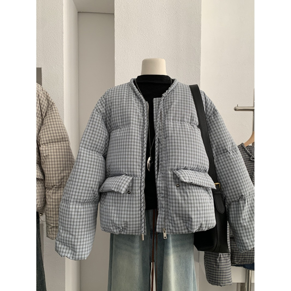 白鴨絨~保暖好看! 5225＂ 格紋圓領綁帶保暖加厚羽絨服外套 加厚外套 保暖外套-細節圖8