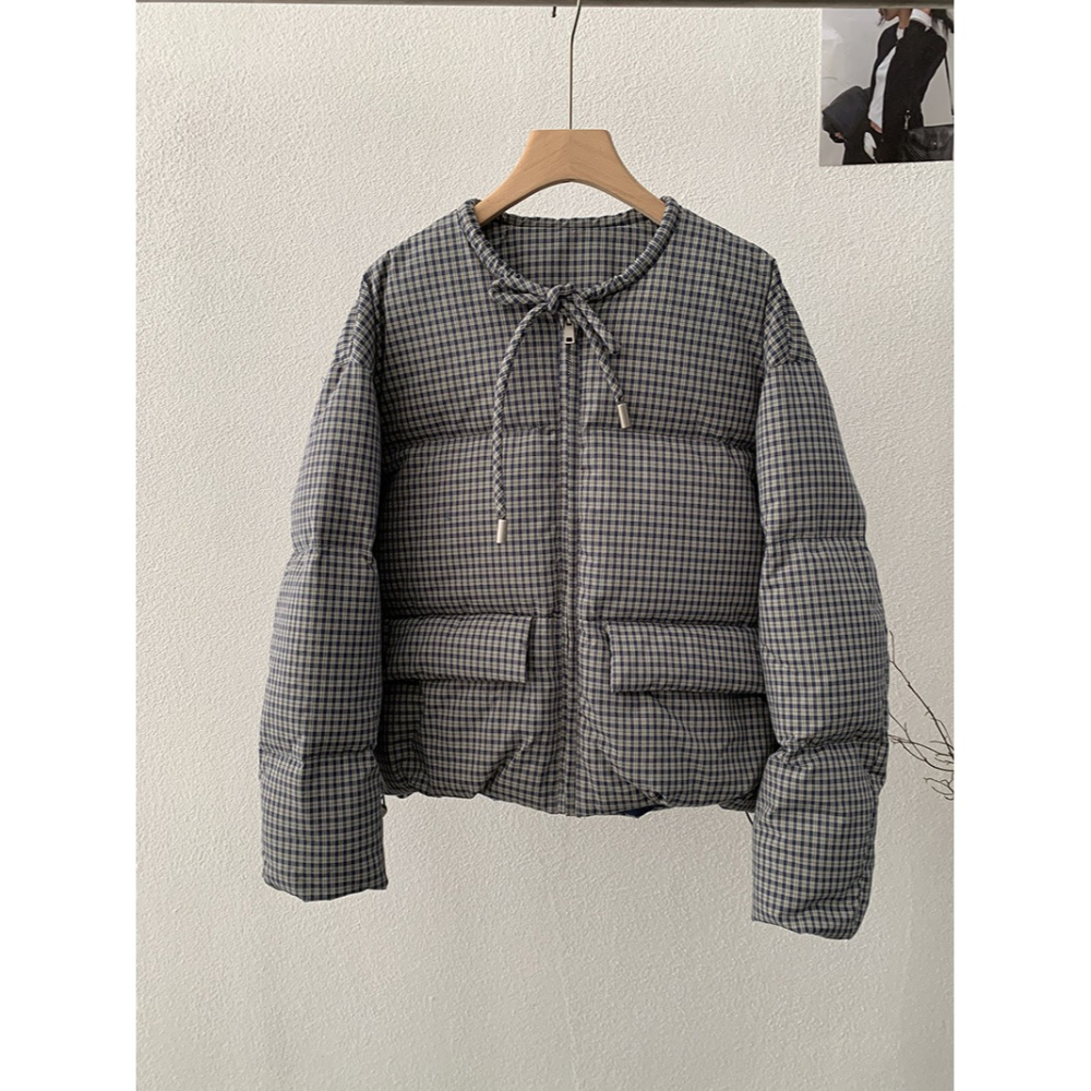 白鴨絨~保暖好看! 5225＂ 格紋圓領綁帶保暖加厚羽絨服外套 加厚外套 保暖外套-細節圖9