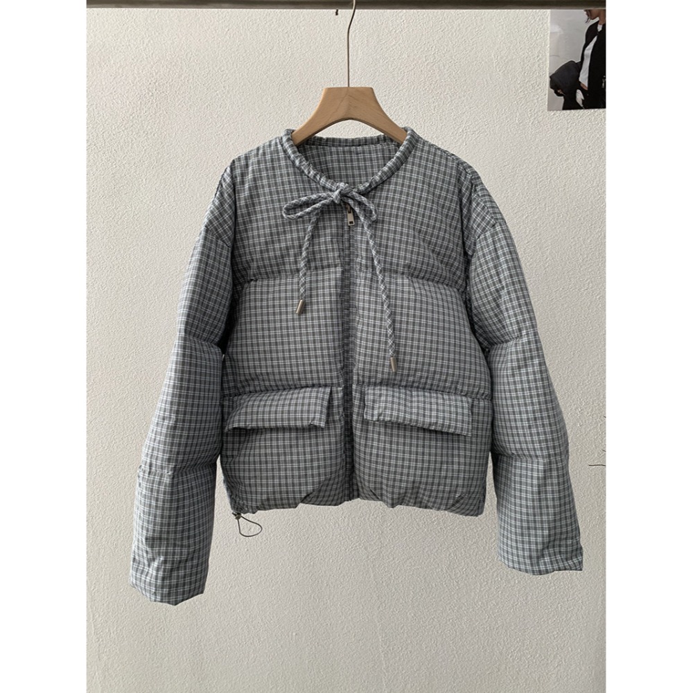白鴨絨~保暖好看! 5225＂ 格紋圓領綁帶保暖加厚羽絨服外套 加厚外套 保暖外套-規格圖9