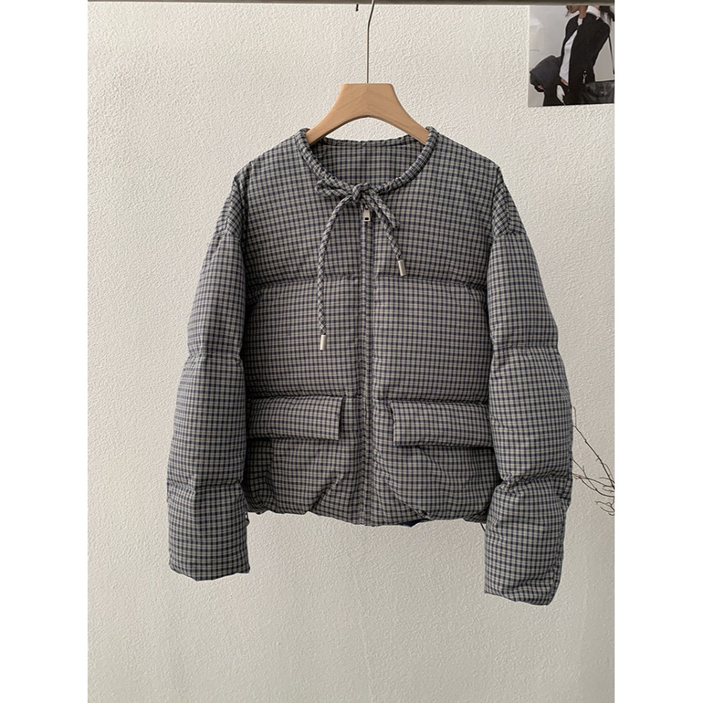 白鴨絨~保暖好看! 5225＂ 格紋圓領綁帶保暖加厚羽絨服外套 加厚外套 保暖外套-規格圖9