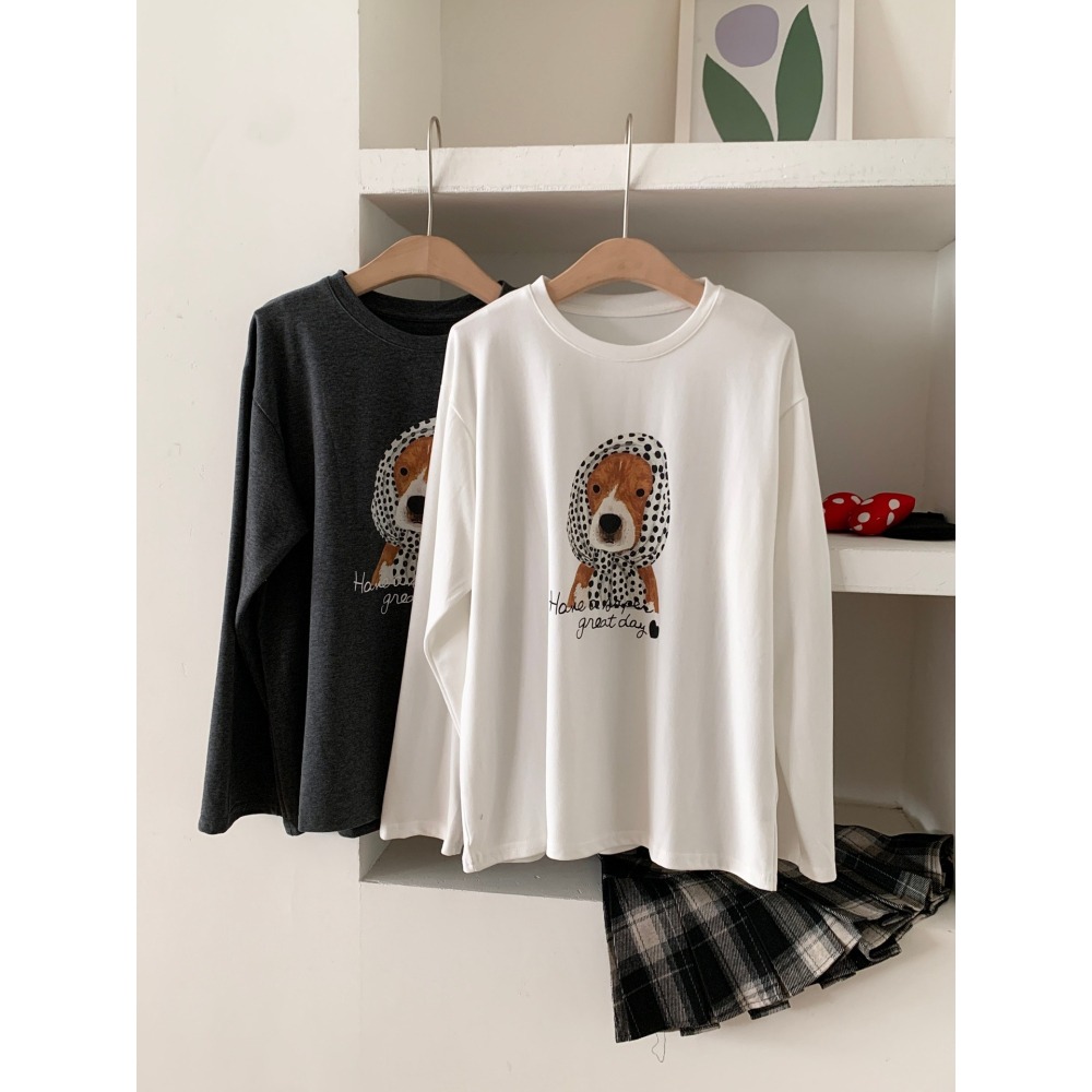 101616:: 狗狗印花磨毛休閒百搭打底上衣-細節圖3