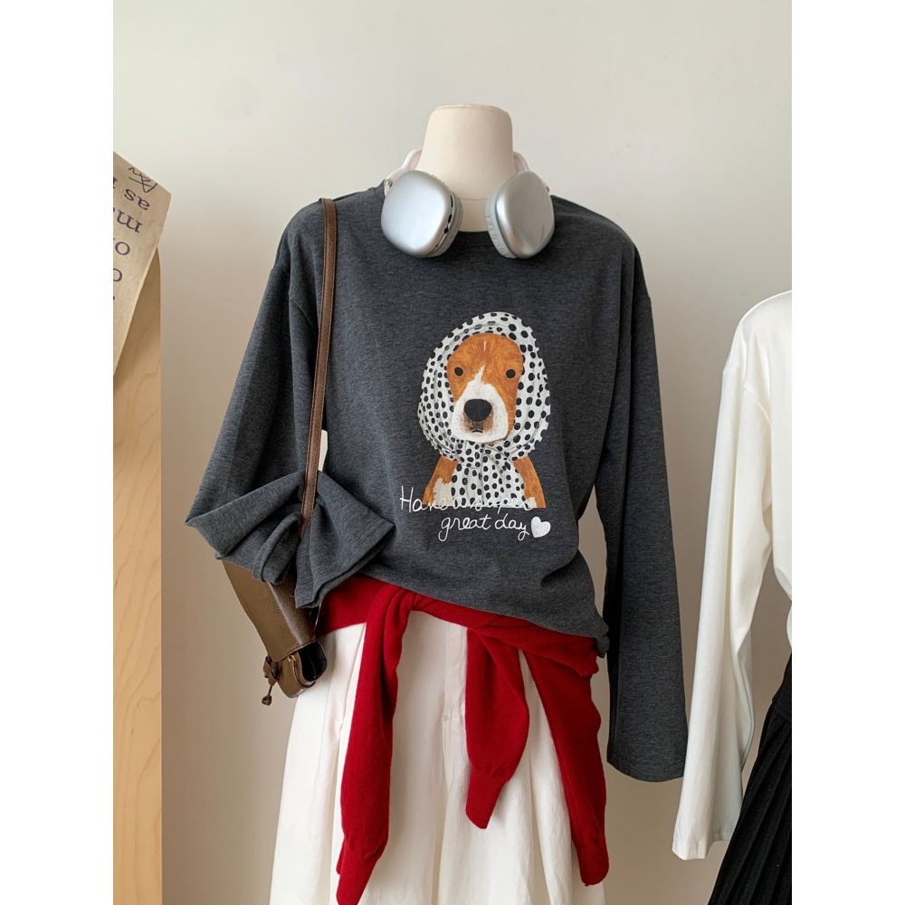 101616:: 狗狗印花磨毛休閒百搭打底上衣-細節圖4