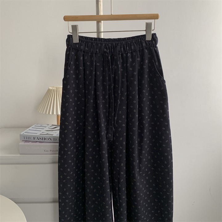 9998＂＂ 老錢風藏青碎花山本鬆弛感拖地褲 長褲-細節圖2