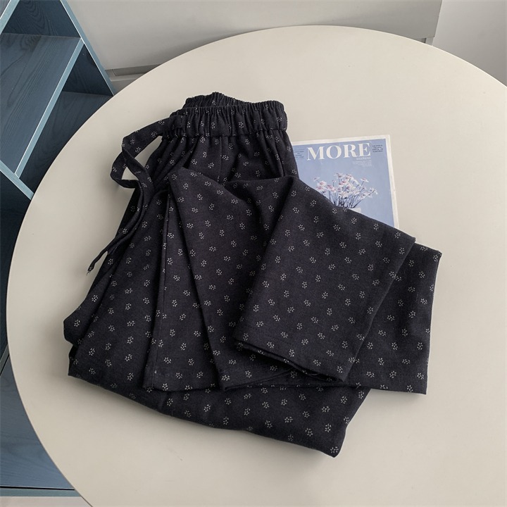 9998＂＂ 老錢風藏青碎花山本鬆弛感拖地褲 長褲-細節圖3