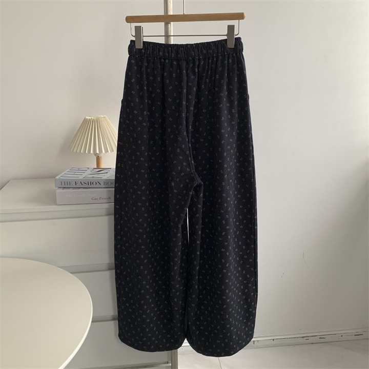 9998＂＂ 老錢風藏青碎花山本鬆弛感拖地褲 長褲-細節圖4