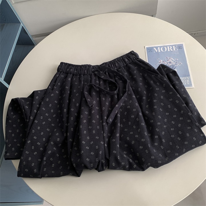 9998＂＂ 老錢風藏青碎花山本鬆弛感拖地褲 長褲-細節圖7