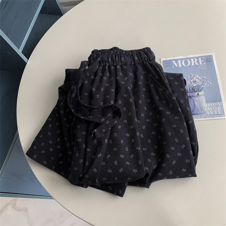 9998＂＂ 老錢風藏青碎花山本鬆弛感拖地褲 長褲-細節圖8