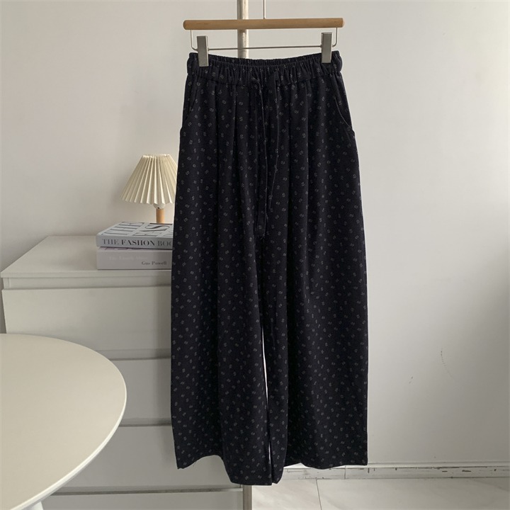 9998＂＂ 老錢風藏青碎花山本鬆弛感拖地褲 長褲-細節圖9