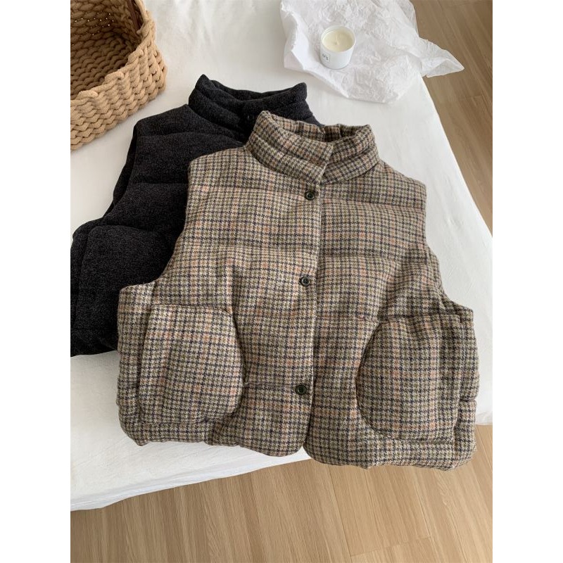 韓國夯款** 114＂＂ 復古格紋立領加厚夾眠羊毛馬甲背心-細節圖2