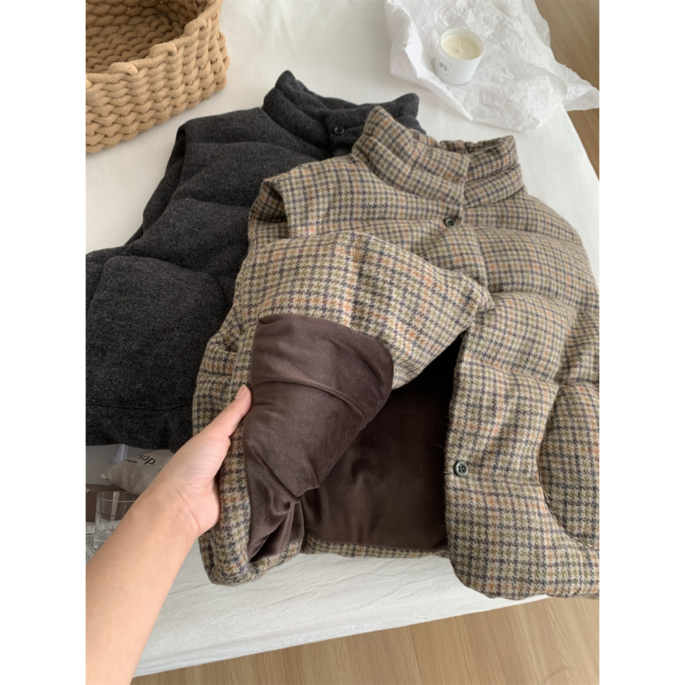 韓國夯款** 114＂＂ 復古格紋立領加厚夾眠羊毛馬甲背心-細節圖3