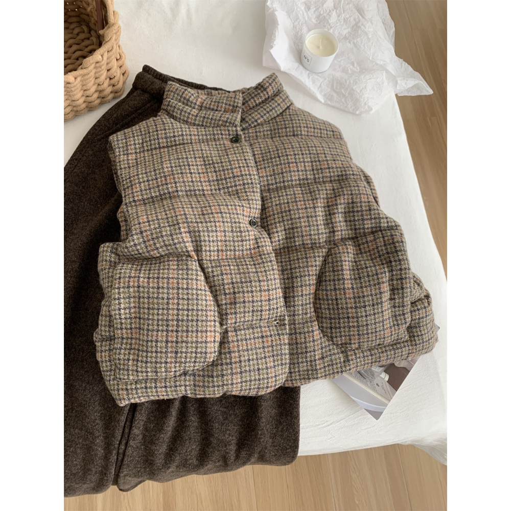 韓國夯款** 114＂＂ 復古格紋立領加厚夾眠羊毛馬甲背心-細節圖6