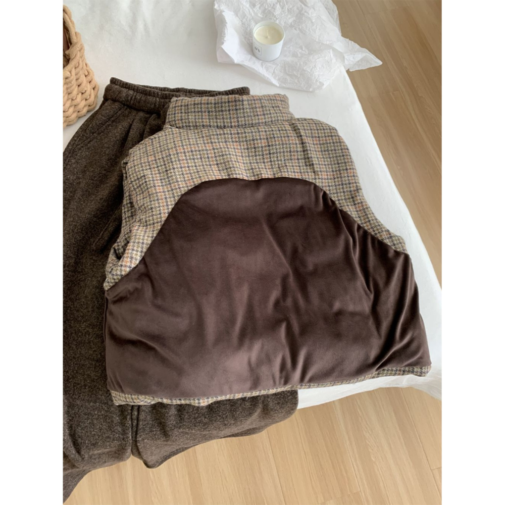 韓國夯款** 114＂＂ 復古格紋立領加厚夾眠羊毛馬甲背心-細節圖9