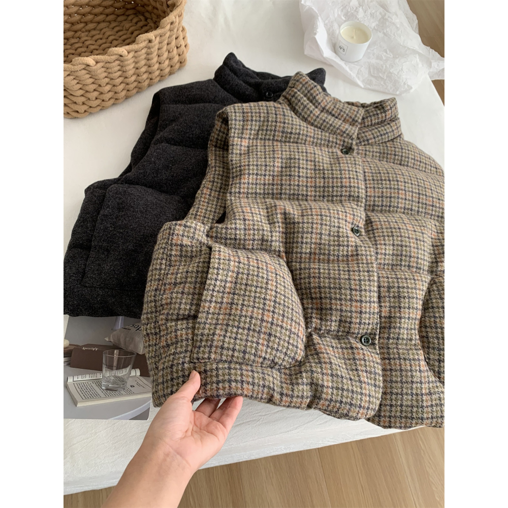 韓國夯款** 114＂＂ 復古格紋立領加厚夾眠羊毛馬甲背心-細節圖11
