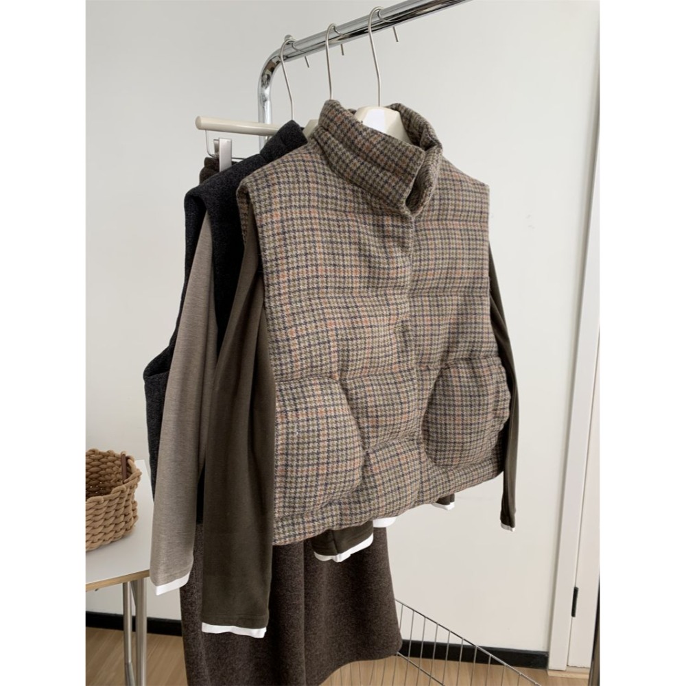 韓國夯款** 114＂＂ 復古格紋立領加厚夾眠羊毛馬甲背心-規格圖11
