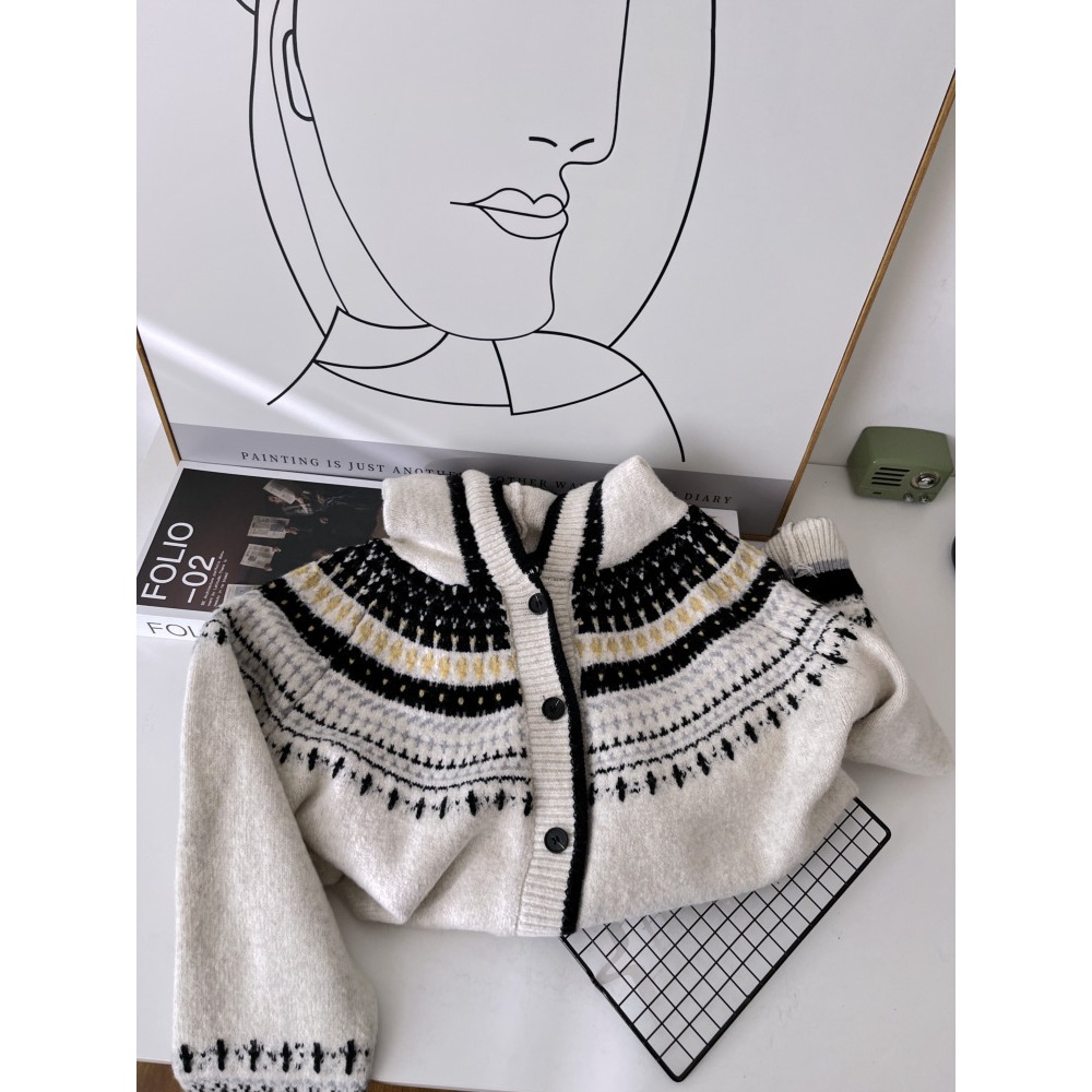 費爾島! 慵懶 6572＂＂ 復古提花連帽針織毛衣外套-細節圖2