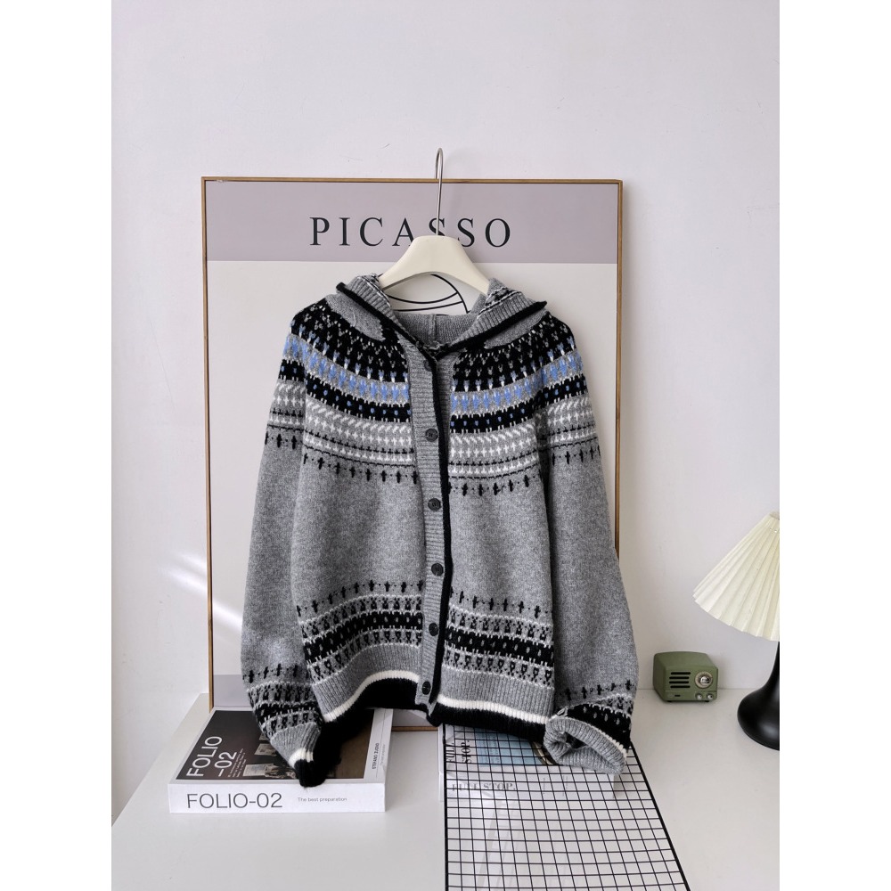 費爾島! 慵懶 6572＂＂ 復古提花連帽針織毛衣外套-細節圖4